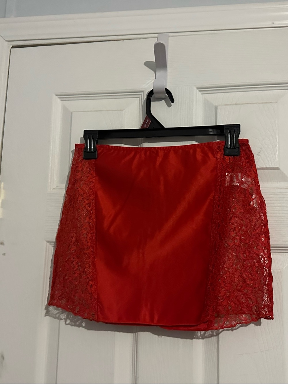 PrettyLittleThing Red Satin Lace Mini Skirt